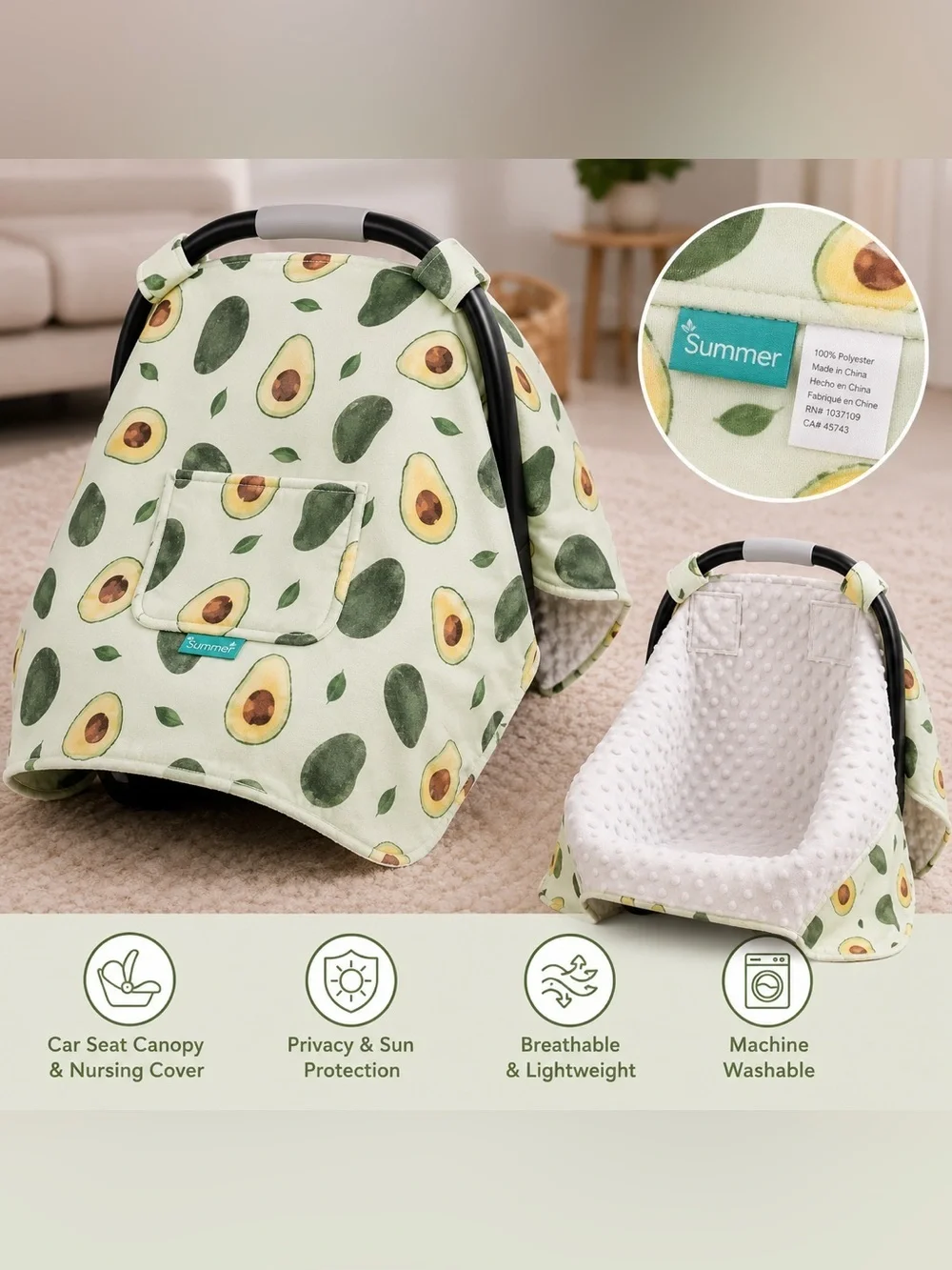 Summer Avocado Print Car Seat Canopy Nursing Cover